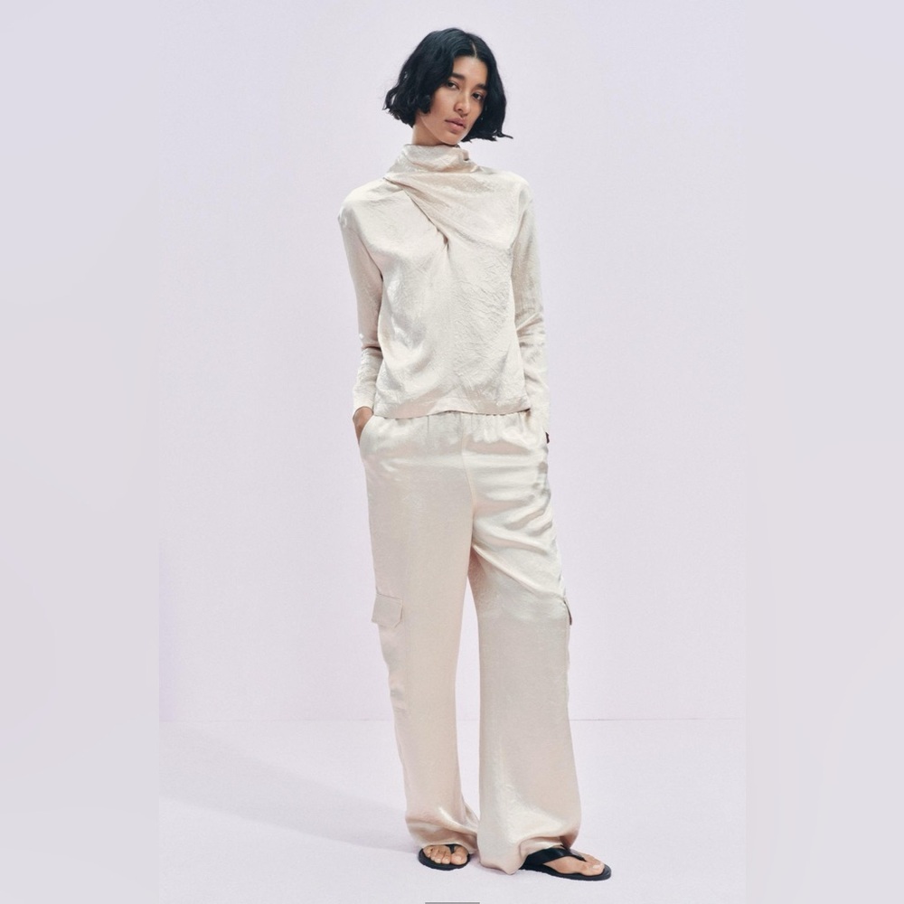 ZARA DRAPED SATIN EFFECT PANTS COLLECTION ELEGANT CREAM TOP SIZE M - Picture 1 of 13